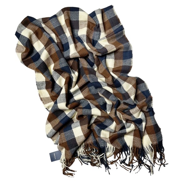 NWT Revolve Hat Attack Buffalo Check Scarf Navy Brown Women’s OS 79”x19.5” - Picture 3 of 8